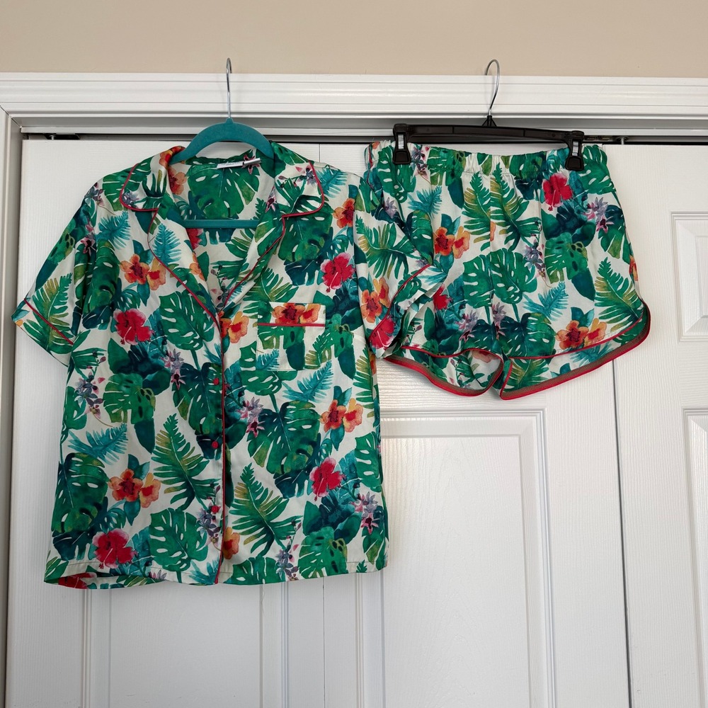 Tabitha Webb Sleepwear Mens Tropical Floral Pajama Set Green Pink‎ Medium 2pc